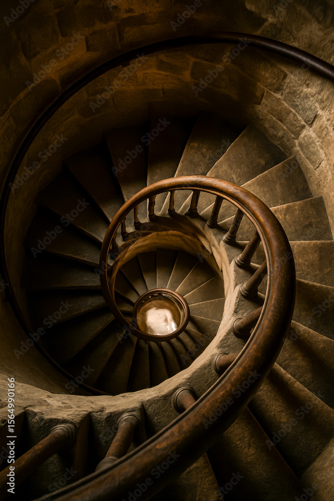 Fototapeta premium Spiral staircase in stone with wooden railing perspective from above