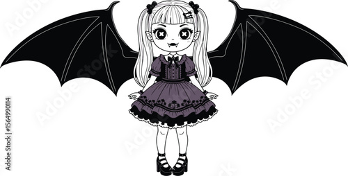 Illustration of a cute vampire girl with bat wings and gothic lolita dress