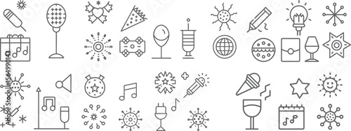 Festive celebration with music drinks and fireworks line art designs for holiday fun with clean