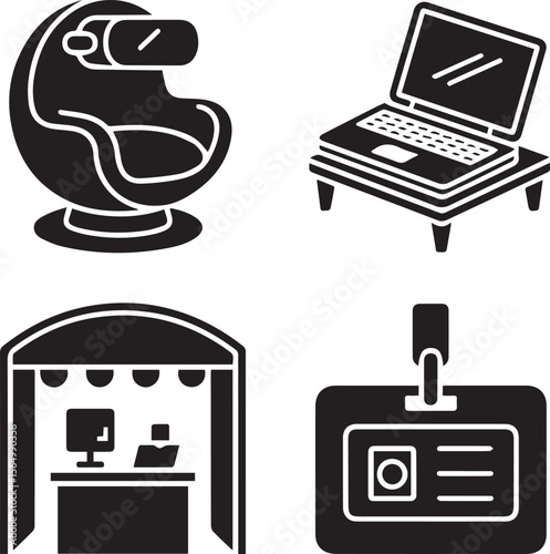 black and white illustration of vr chair laptop trade show booth and badge with photo id card