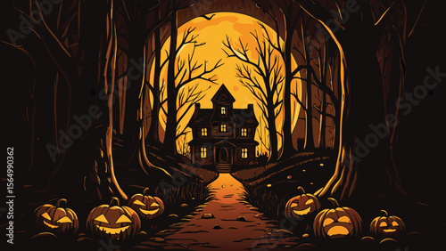 Scary Halloween night illustration with a haunted house in a dark forest under a spooky sky