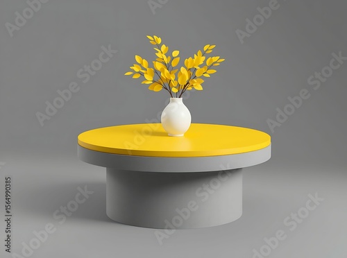 Elegant Arrangement: A minimalist arrangement features a delicate branch, adorned with bright yellow leaves, presented in a sleek white vase atop a stylish, modern coffee table.