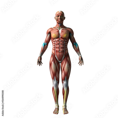 Detailed anatomical rendering displaying the human muscular system in full view