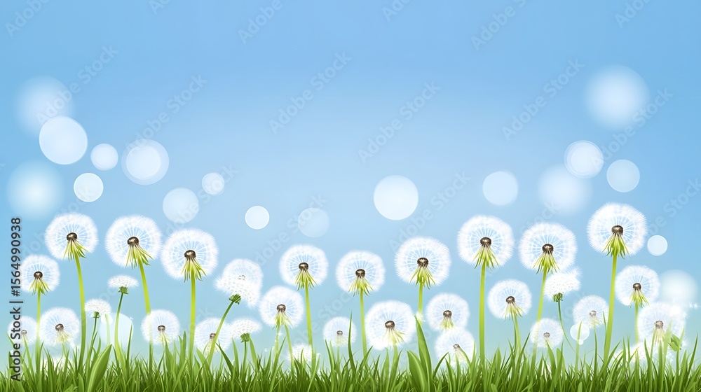 Obraz premium Spring Dandelions Meadow Blue Sky Background