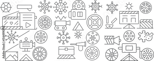 A collection of line art icons representing film production filmmaking equipment and abstract shapes resembling viruses or snowflakes