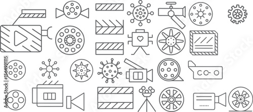 Movie magic icons celebration of cinema arts in line drawing
