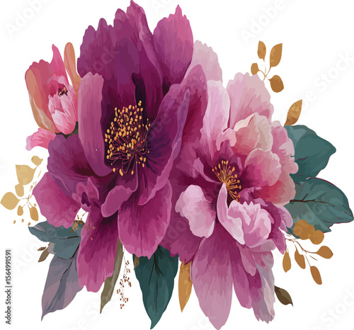 Floral graphic featuring beautiful purple and pink peony blooms with golden accents and lush green foliage for elegant designs.