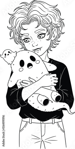 Illustration of a boy with fangs hugging a ghost plushie with a small ghost