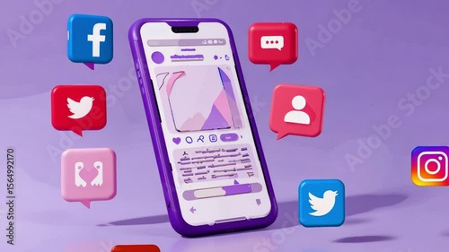 Purple phone with social media icons facebook twitter and instagram on purple background design concept