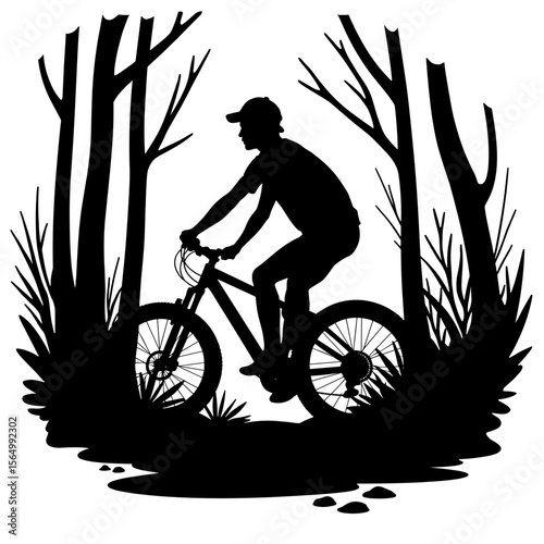 Silhouette of cyclist in forest, eco-friendly outdoor activity
