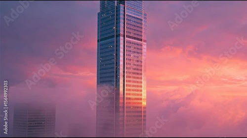 Stunning Sunset Over Skyscraper Amidst Colorful Fog and Clouds