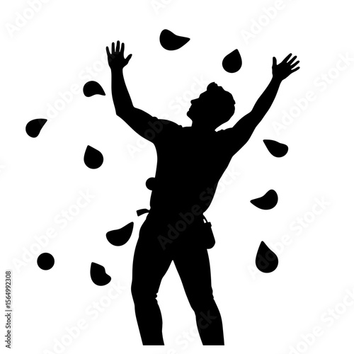 Silhouette of climber testing grip on climbing wall, indoor training preparation
