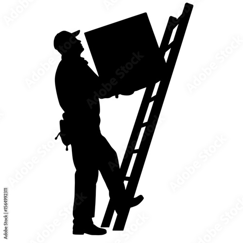 Silhouette of technician carrying HVAC panel up ladder, industrial maintenance