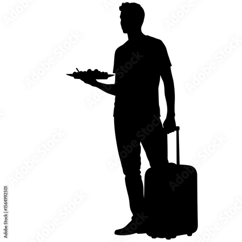 Traveler silhouette with luggage holding traditional dish, cultural exploration
