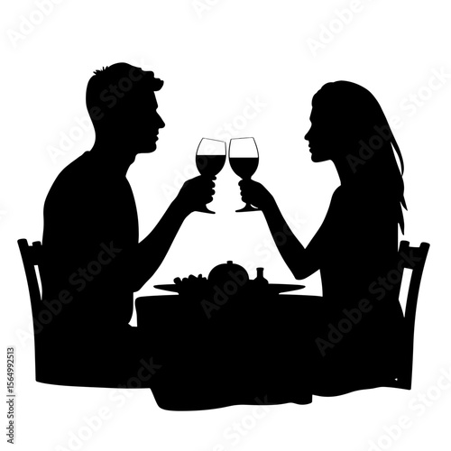 Silhouette of couple clinking wine glasses over dinner, romantic culinary experience