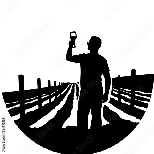 Silhouette of man raising wine glass in vineyard, wine tasting journey