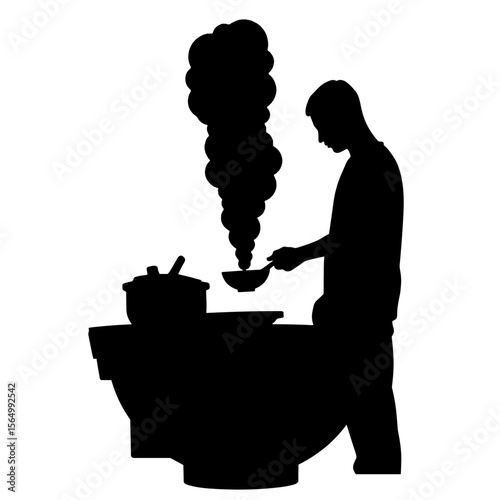 Silhouette of vendor serving steaming bowl, street food tradition, black and white