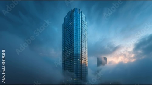 Tall Modern Skyscraper Towering Above Foggy Cityscape at Dusk