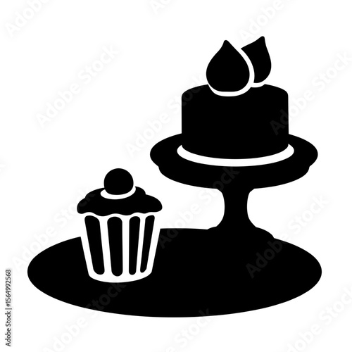 Silhouette of dessert display with cupcake and cake, sweet indulgence concept