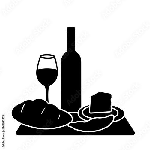 Silhouette of wine, bread, and cheese on picnic setup, rustic dining theme, copyspace