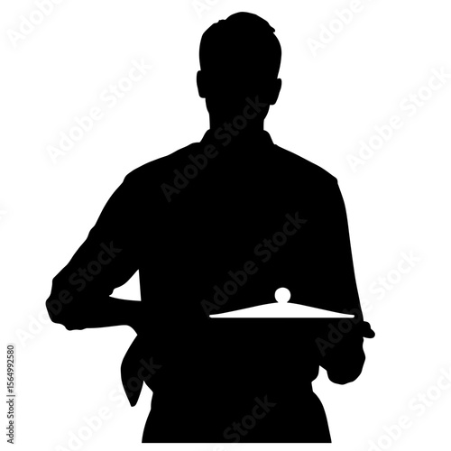 Person lifting dish cover, culinary surprise reveal concept, black and white silhouette