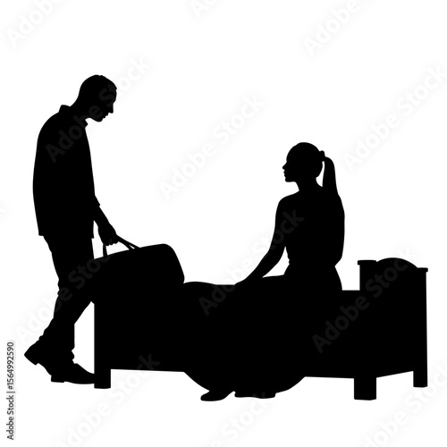 Silhouette of traveler with bag by bed, rest stop symbolism