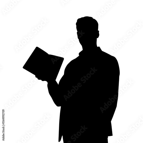 Silhouette of host with guidebook on white background, hospitality and travel