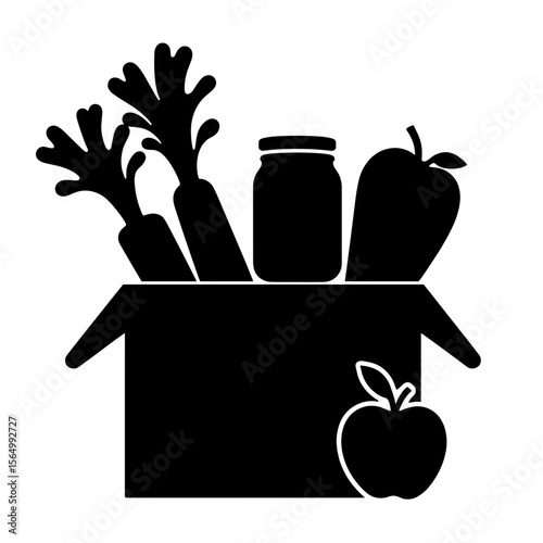 Silhouette of veggie box with carrots, jars, apples - farm fresh delivery