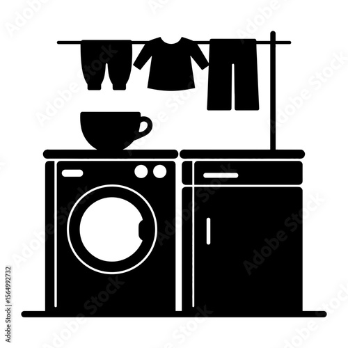 Silhouette of laundry and washing machine, rental space travel amenities