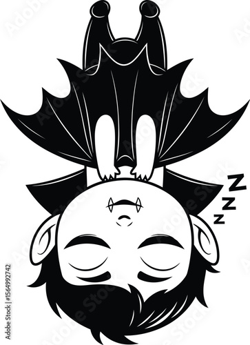 Illustration of a cartoon bat hanging upside down and sleeping soundly