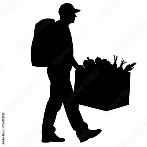 Silhouette of delivery person with crate of fresh vegetables, local harvest concept
