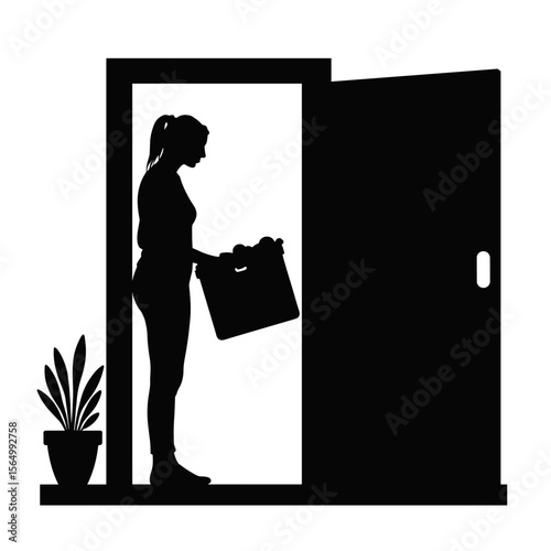 Silhouette of woman receiving food delivery box at door, home service routine