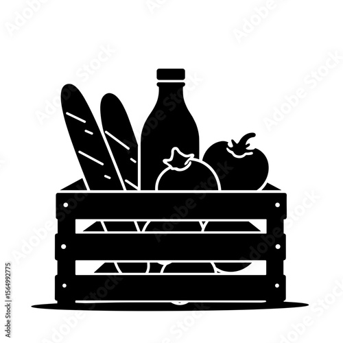 Silhouette of crate with milk bottle, tomatoes, and baguette on white background, rustic delivery