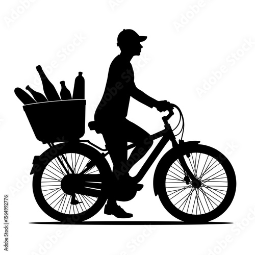 Silhouette of cyclist with groceries on bike, urban green delivery