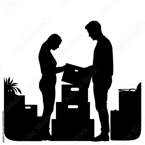 Silhouette of couple unpacking boxes in kitchen, home moving day routine