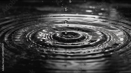 Black and White Close-up of Water Droplet Creating Ripples on Surface