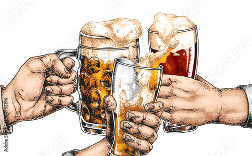 Hands clinking beer glasses in celebration