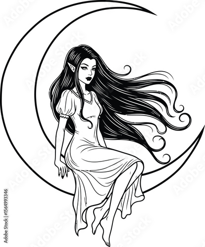 A woman with long hair sitting on a crescent moon in black and white art