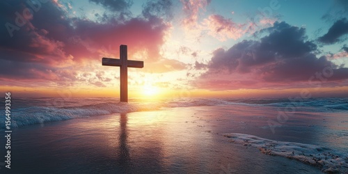 Sunset over calm ocean with wooden cross on the shore highlighting faith and tranquility