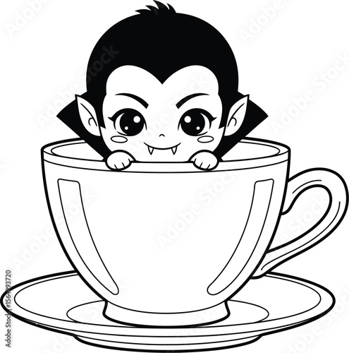 Cartoon vampire in a teacup with saucer, black and white line drawing art