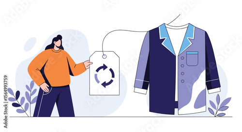 Illustrative depiction of a sustainable fashion concept featuring a person and a garment showcasing circular economy principles and mindful apparel choices promoting eco-conscious consumption