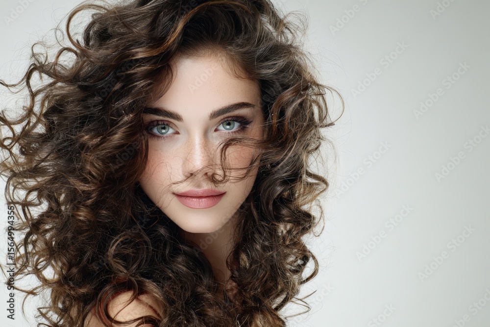 Fototapeta premium Stunning woman portrait. Curly brown hair, green eyes. Perfect for beauty, fashion, haircare ads. Ideal for websites, magazines, and catalogs.