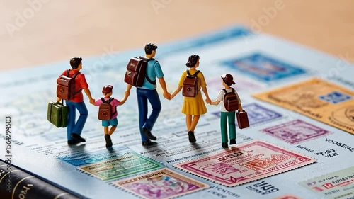 Miniature family figurines standing on a passport with stamps ready for a travel adventure together