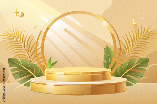 luxury summer podium scene golden platform stage elegant tropical premium bright