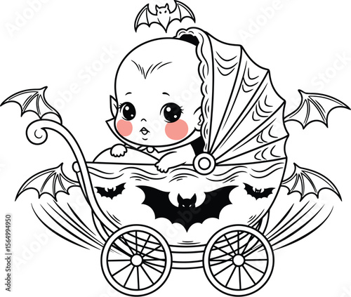 A baby vampire in a carriage with bat decorations in black and white