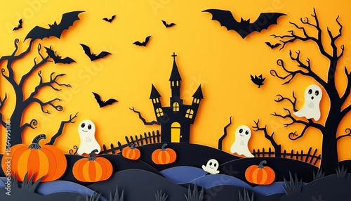 Layered paper cut Halloween background with pumpkins, bats, ghosts, and spooky trees,  halloween design,   image