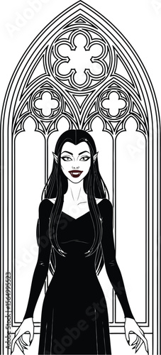 A woman in a black dress standing in front of a gothic style window