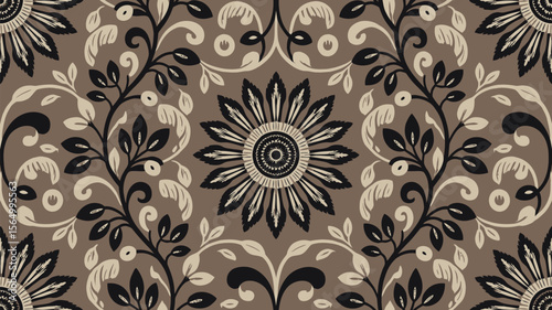 Elegant floral pattern with a harmonious blend of black, beige, and brown tones showcasing flowers and graceful vines.