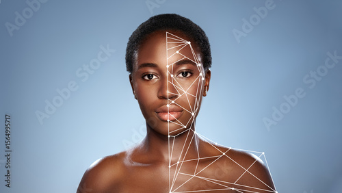 Photos Digital art depicting a woman with half of her face represented by geometric sha
