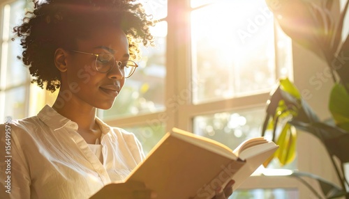 Woman reads a book near a bright window, sunlight streaming through Free Download Woman reads a book near a bright window, sunlight streaming through - GFXLoad
